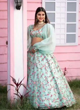 Adorable Sky Blue Color Organza Base Lehenga Choli