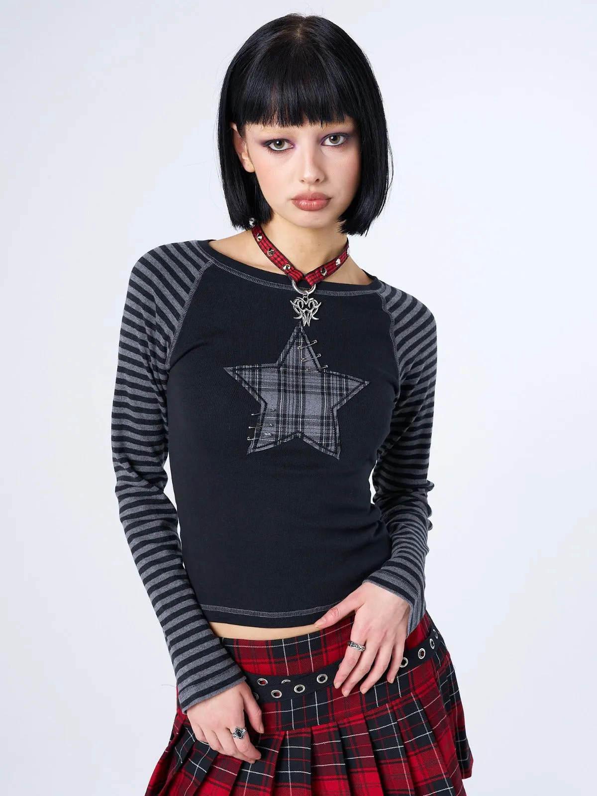 Akari Plaid Star Striped Sleeves Top