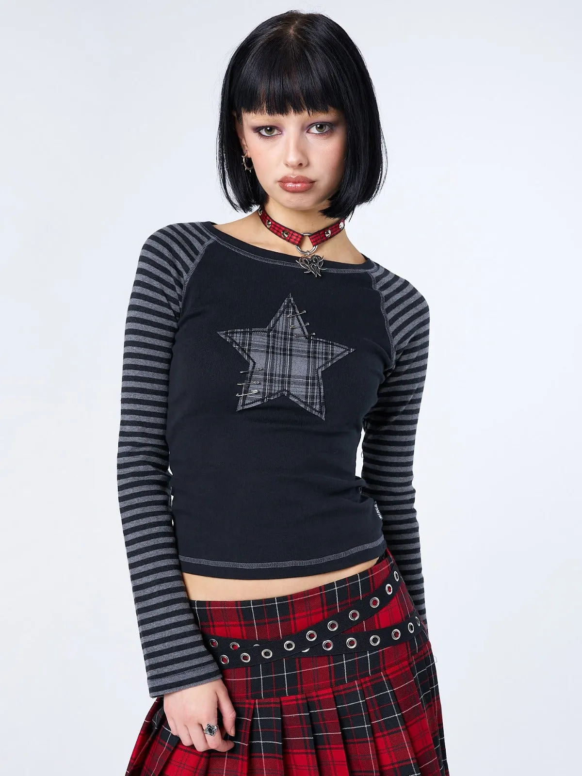 Akari Plaid Star Striped Sleeves Top