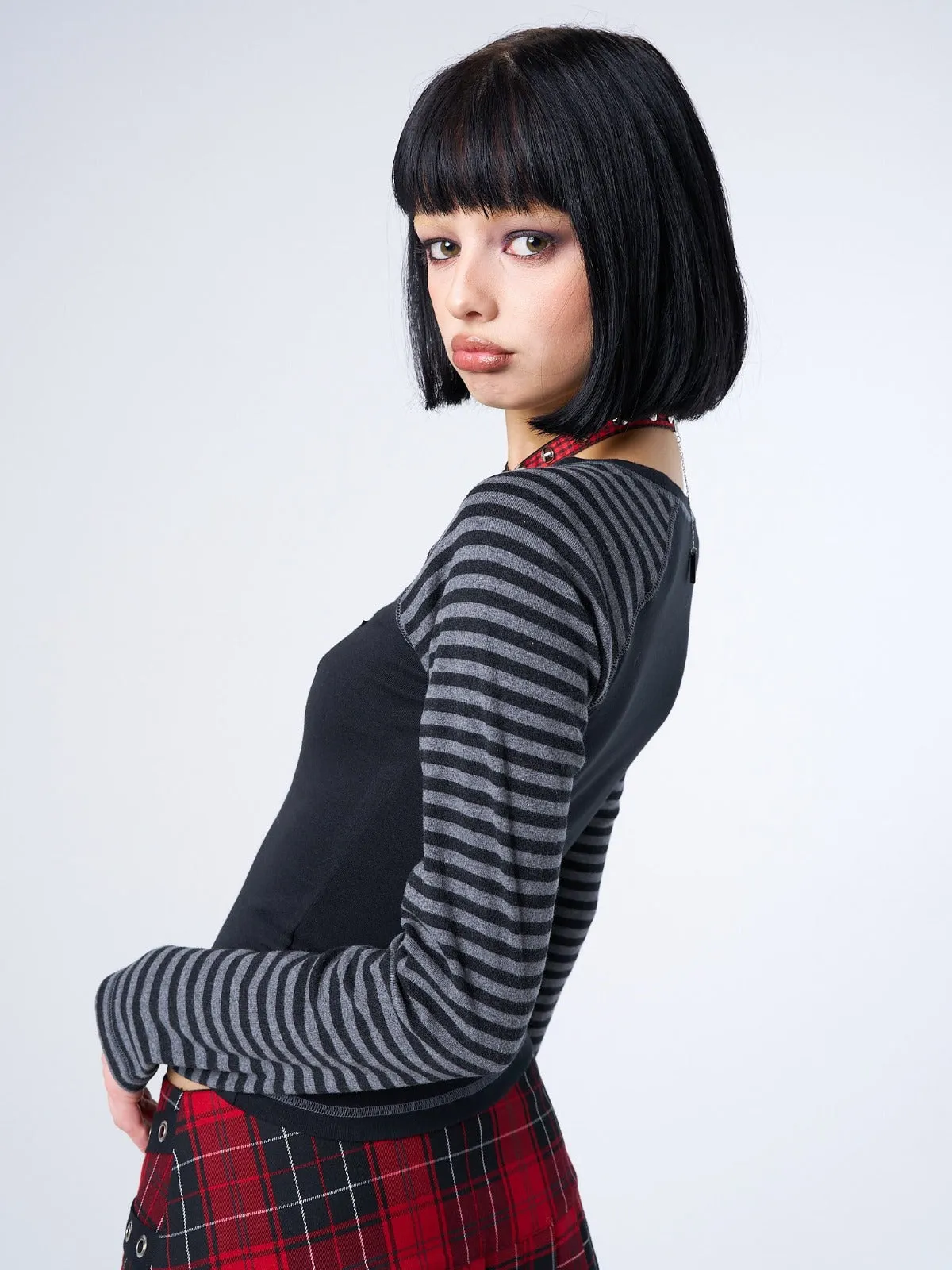 Akari Plaid Star Striped Sleeves Top