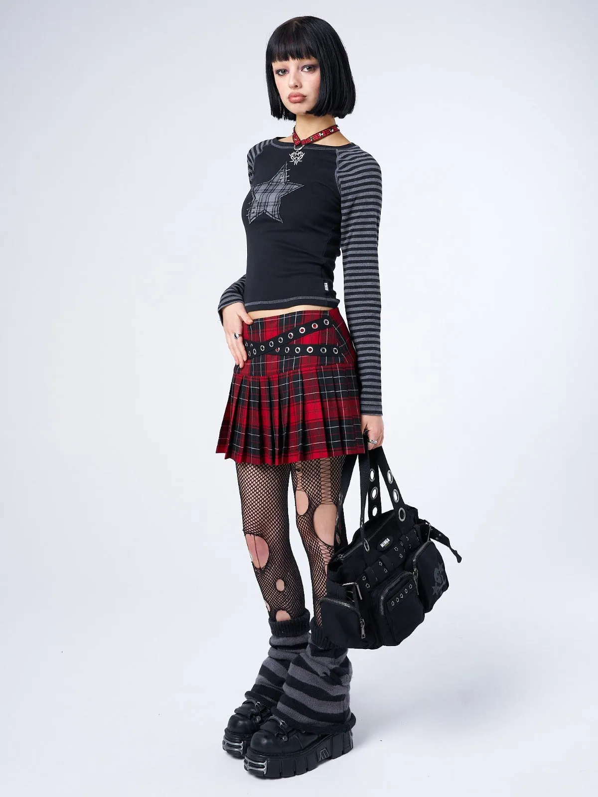 Akari Plaid Star Striped Sleeves Top
