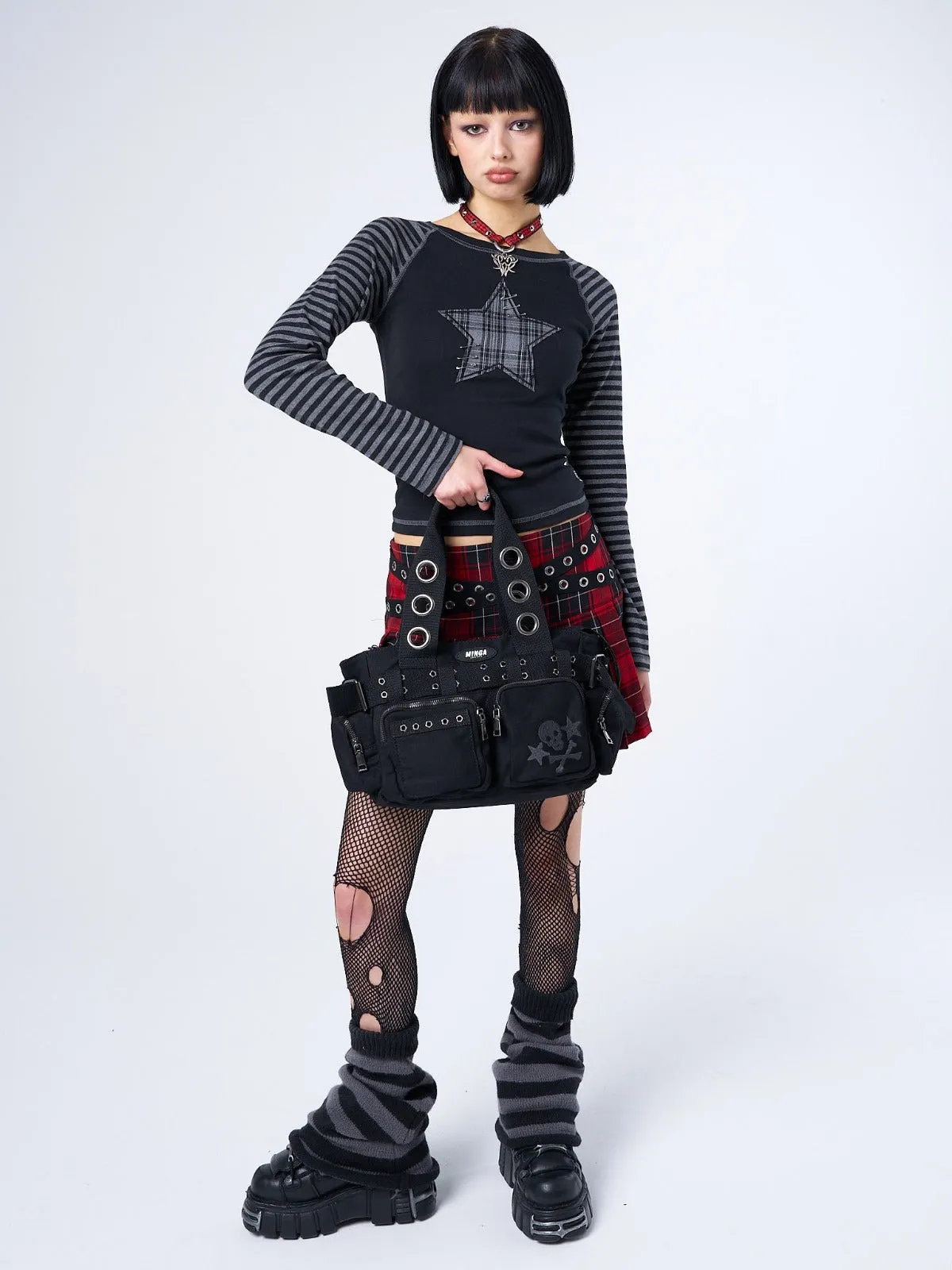 Akari Plaid Star Striped Sleeves Top