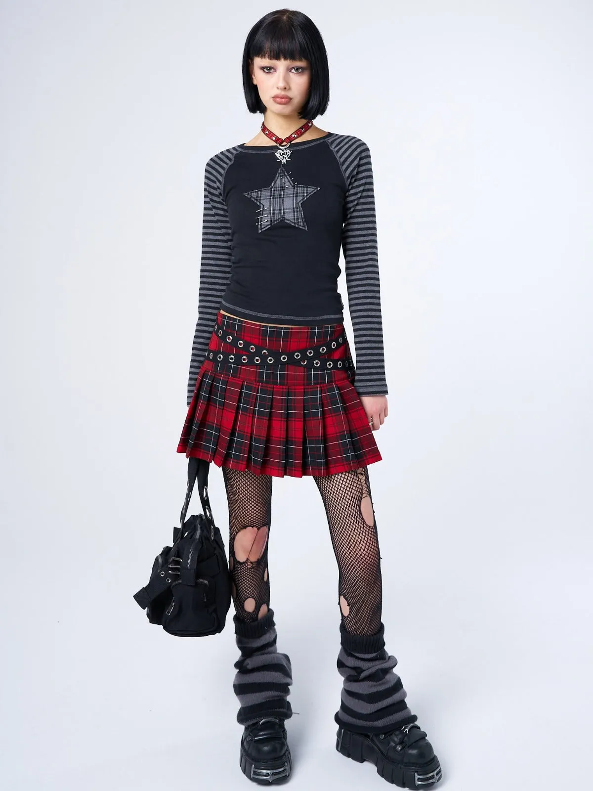 Akari Plaid Star Striped Sleeves Top