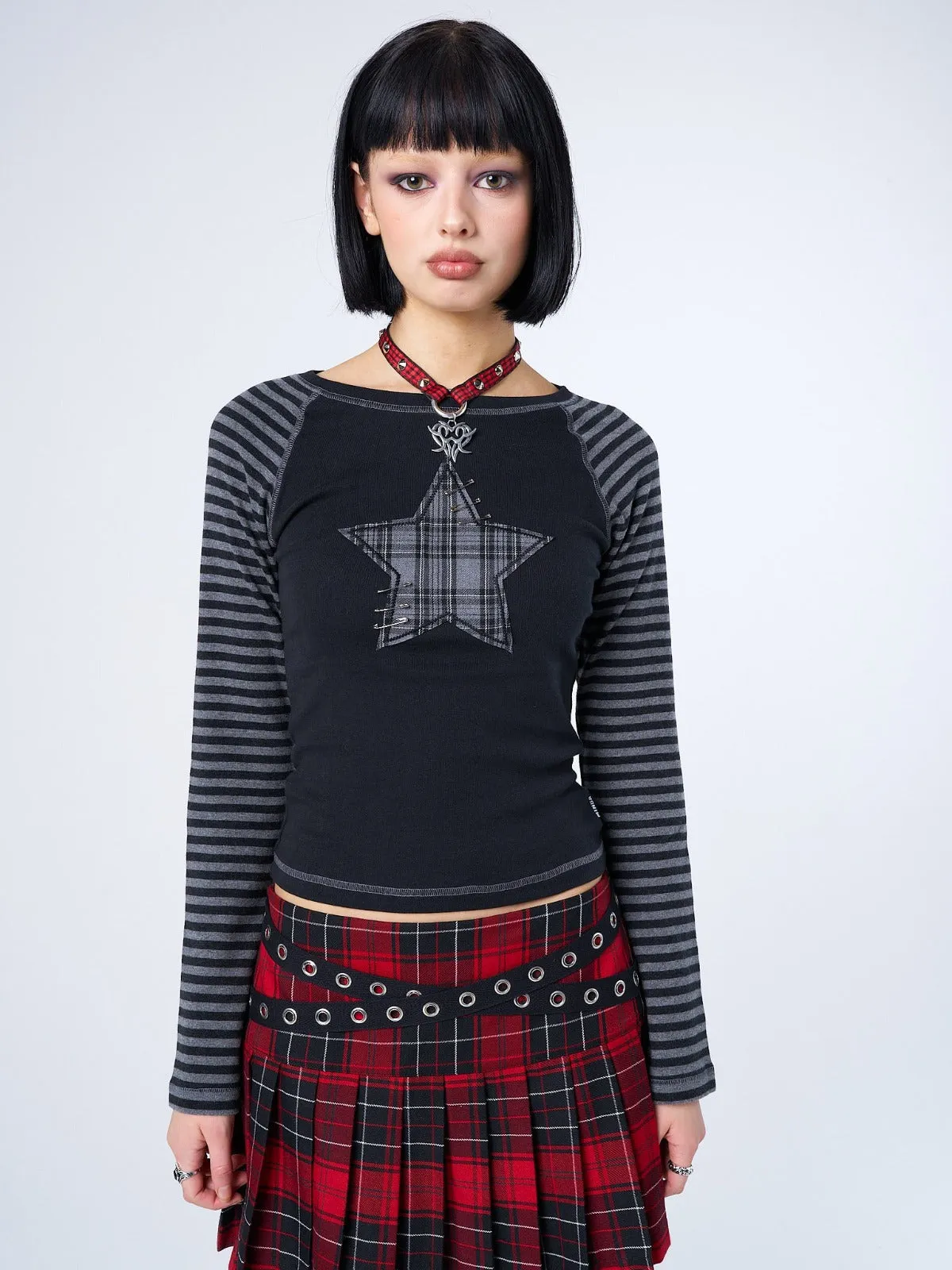 Akari Plaid Star Striped Sleeves Top