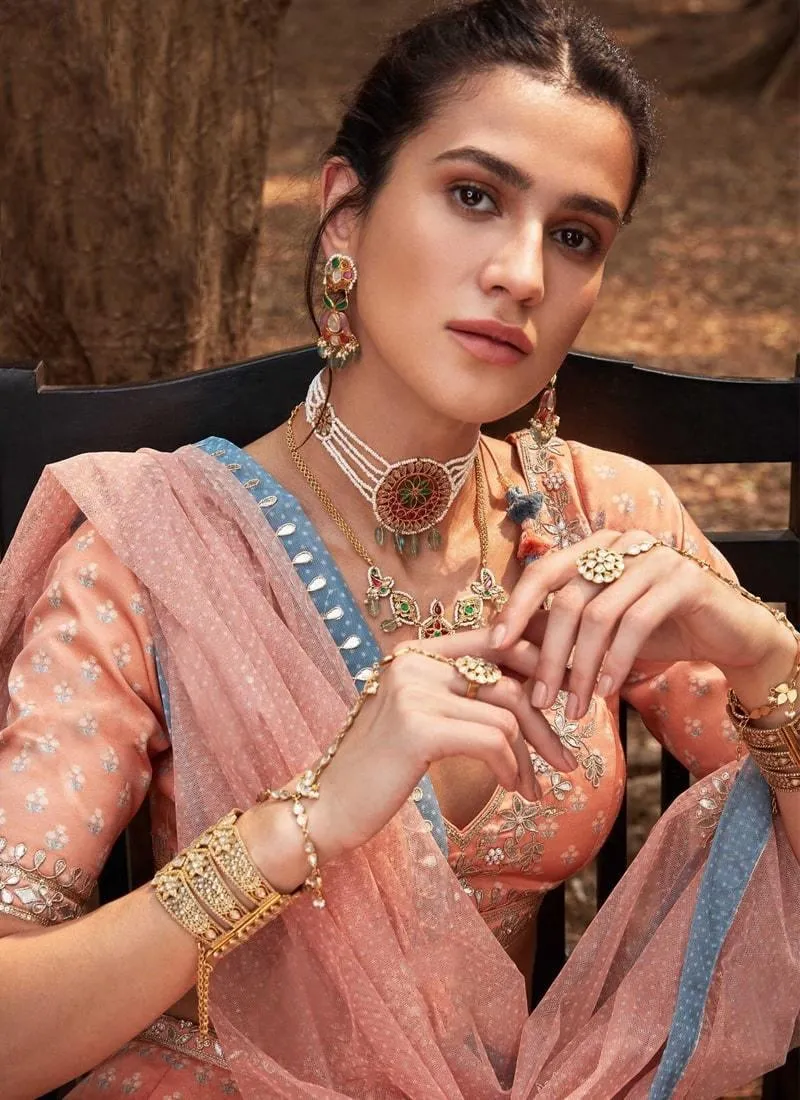 Alluring Peach Color Silk Fabric V- Neck Blouse Crop Top Lehenga