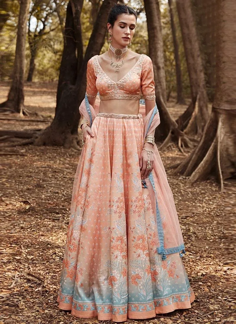 Alluring Peach Color Silk Fabric V- Neck Blouse Crop Top Lehenga