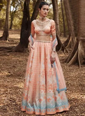 Alluring Peach Color Silk Fabric V- Neck Blouse Crop Top Lehenga