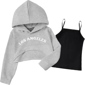 Arshiner Girls Cropped Sweatshirt Long Sleeve Shirts High Low Hem Crop Tops for Teens Kids Hoodies with Cami 5-14 Years