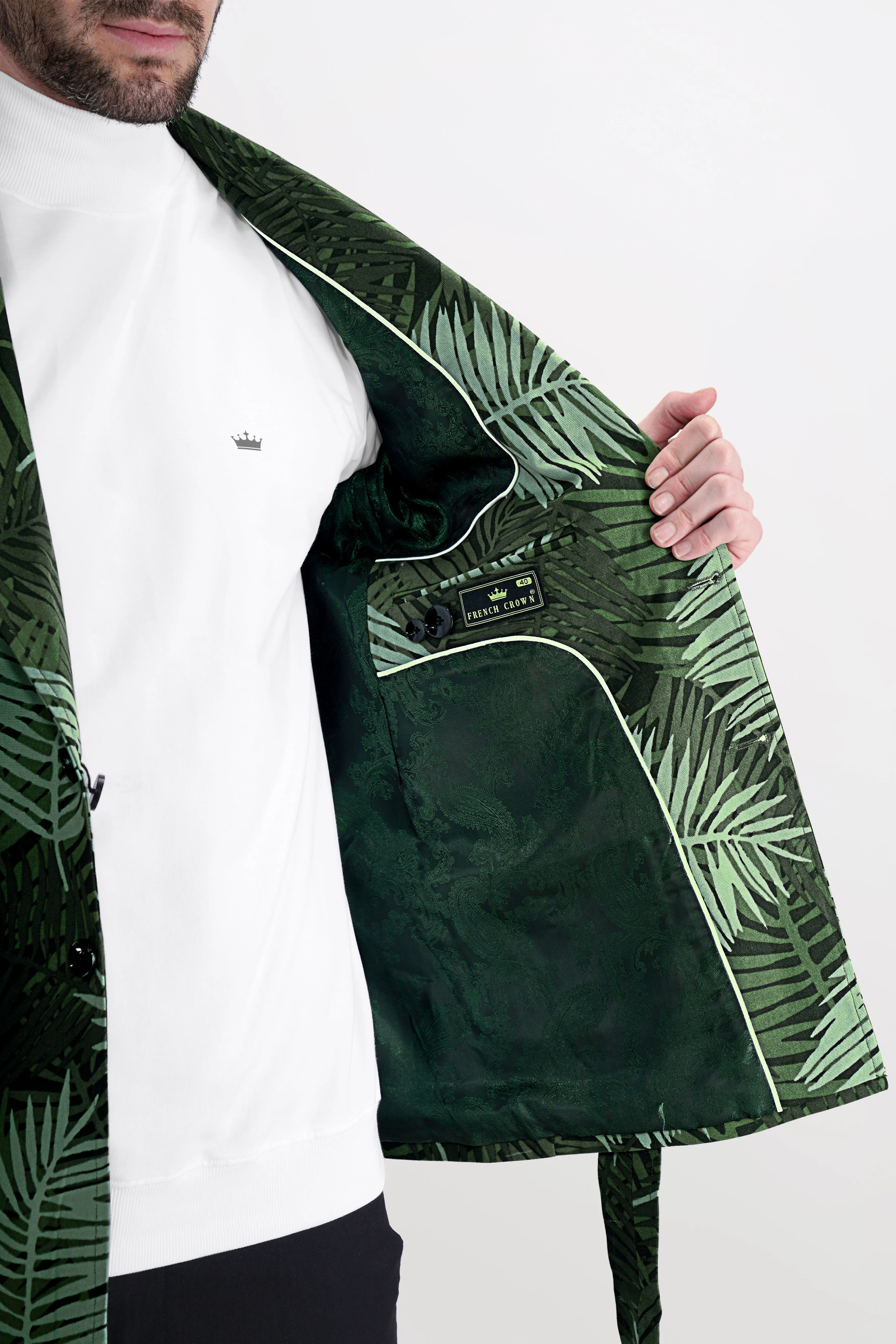 Asparagus Green with Sage Green Leaves Printed Premium Cotton Designer Blazer