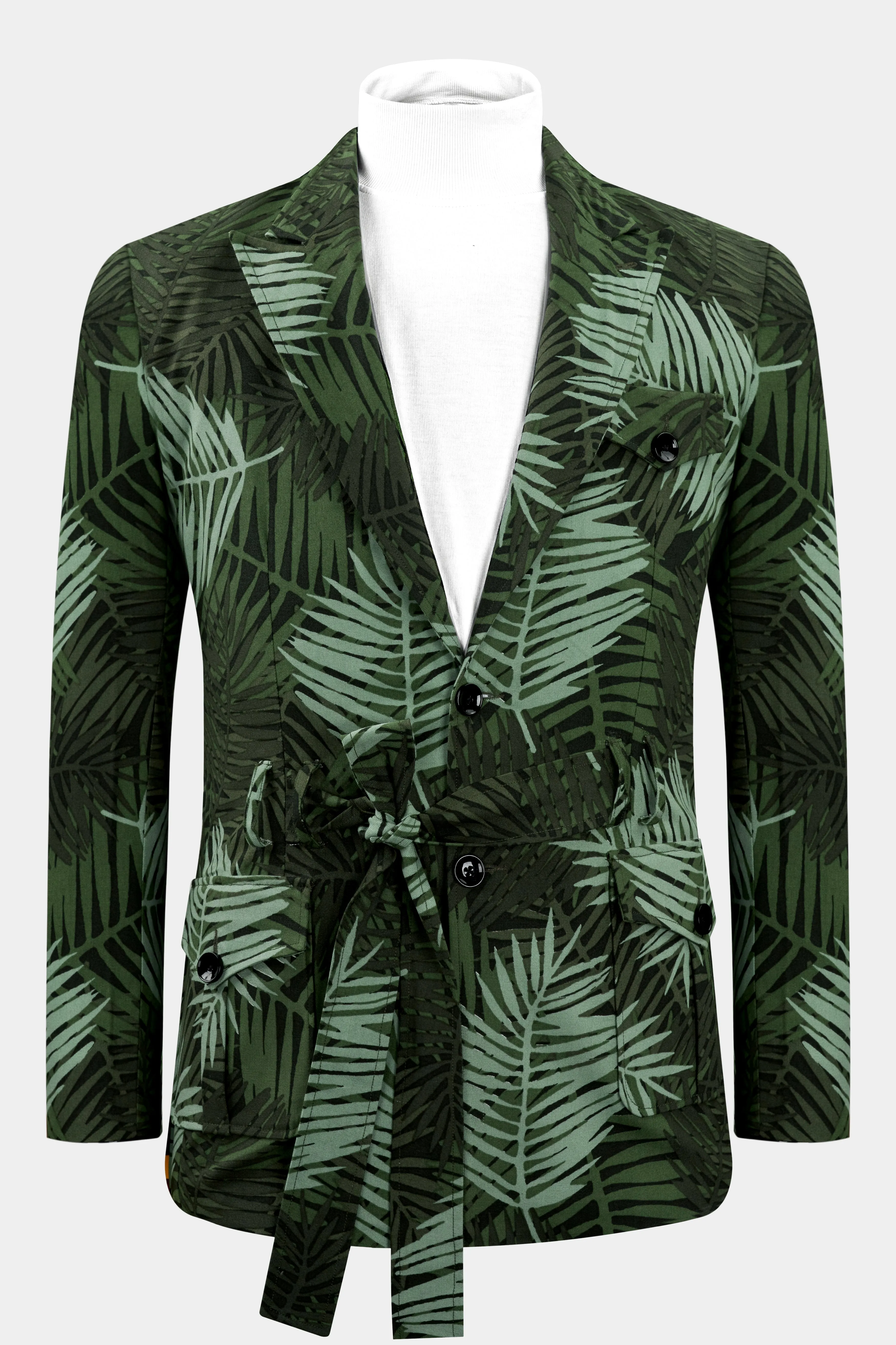 Asparagus Green with Sage Green Leaves Printed Premium Cotton Designer Blazer
