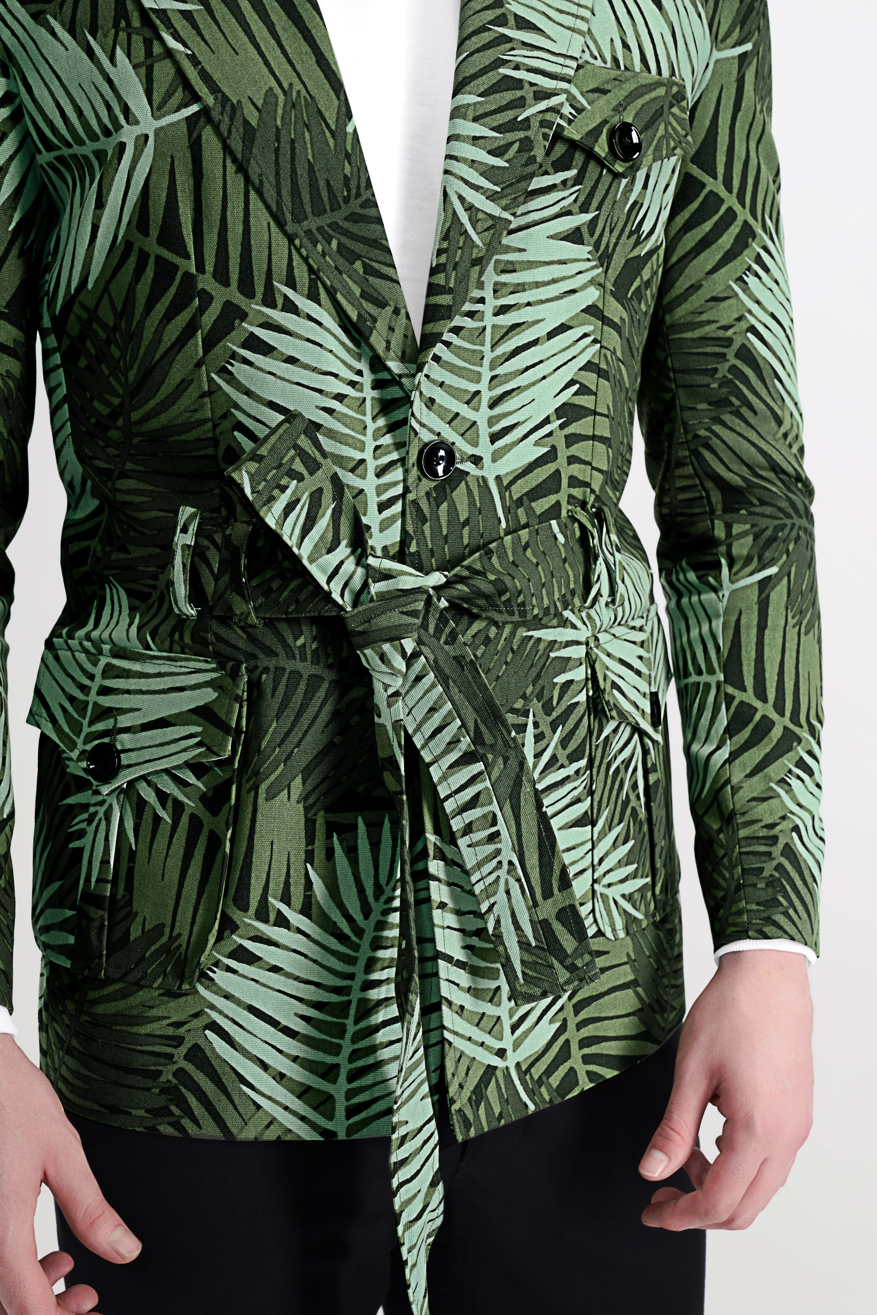 Asparagus Green with Sage Green Leaves Printed Premium Cotton Designer Blazer