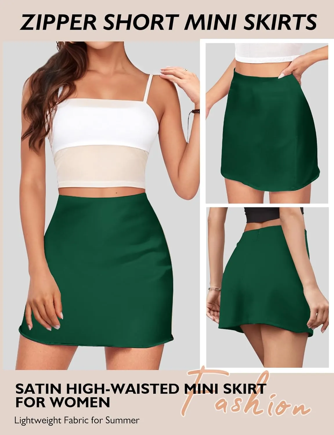 AURUZA Mini Satin Skirts for Women Trendy, High Waisted Womens Short Skirts, Elegant Zipper Flared Elastic A-line Silk Skirts