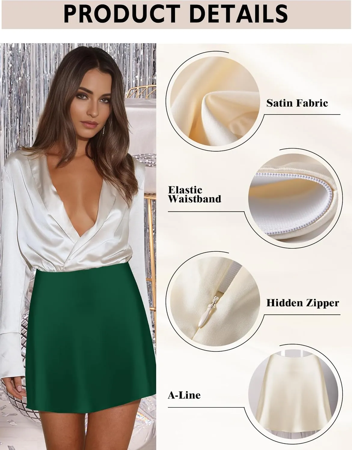 AURUZA Mini Satin Skirts for Women Trendy, High Waisted Womens Short Skirts, Elegant Zipper Flared Elastic A-line Silk Skirts