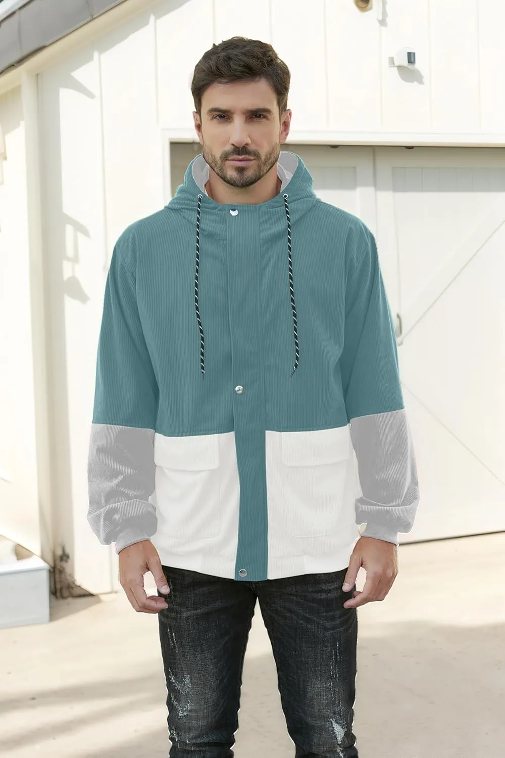 Betusline Men's Retro Long Sleeve Color Block Corduroy Jacket with Hood, XS-3XL