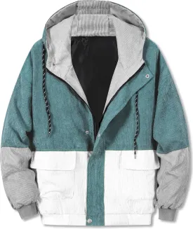 Betusline Men's Retro Long Sleeve Color Block Corduroy Jacket with Hood, XS-3XL