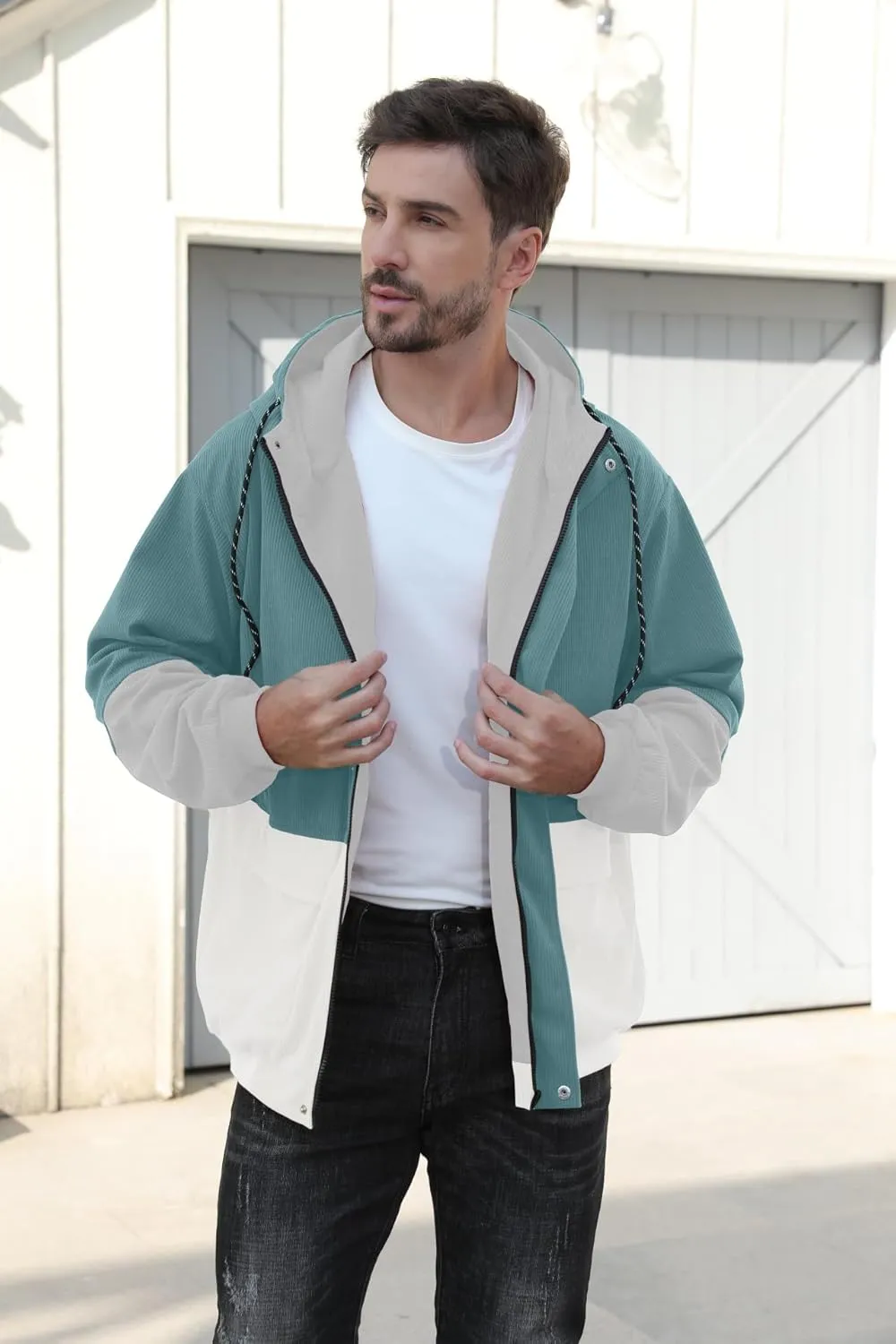 Betusline Men's Retro Long Sleeve Color Block Corduroy Jacket with Hood, XS-3XL