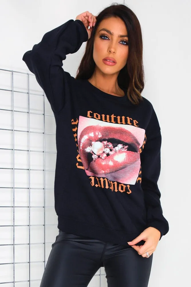 Black Couture Graphic Slogan Sweatshirt