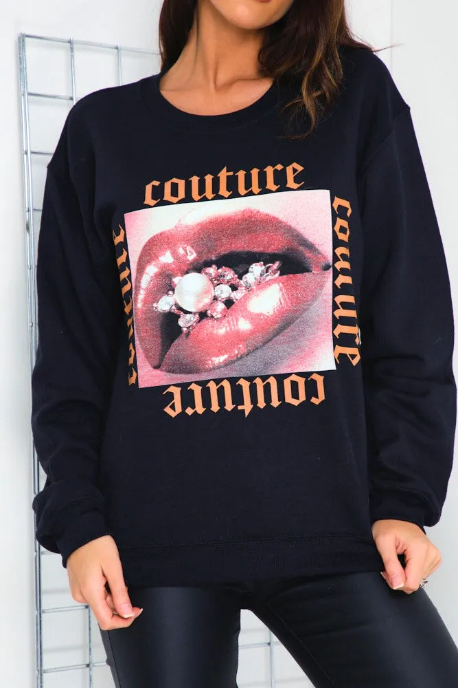 Black Couture Graphic Slogan Sweatshirt