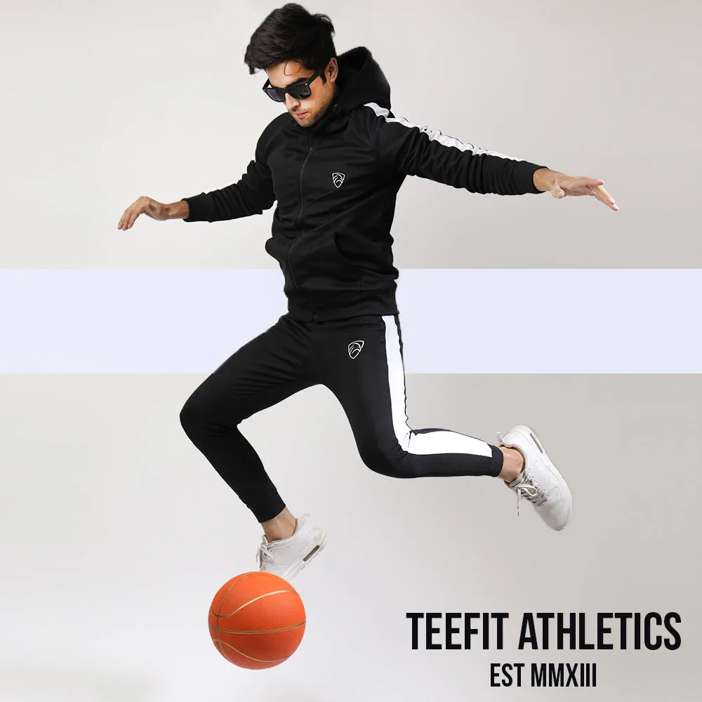 Black PolyFleece Tracksuit With Side White Panel and Hood