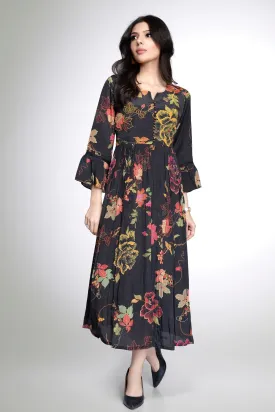 Black Thread work with Floral Print Anarkali Styled Kurti