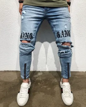 Blue Printed Destroyed Skinny Fit Denim B160 Streetwear Denim Jeans