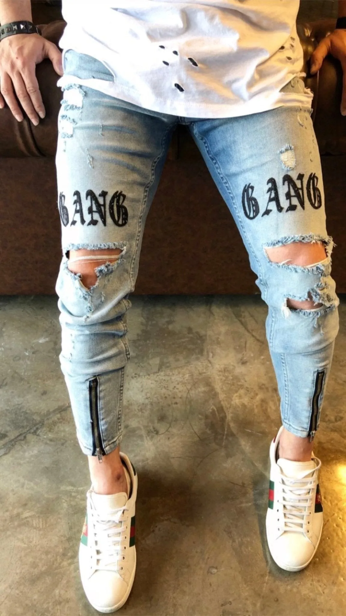 Blue Printed Destroyed Skinny Fit Denim B160 Streetwear Denim Jeans