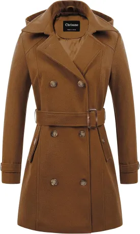 Chrisuno Women's Double Breasted Pea Coat Hooded Long Winter Trench Coat