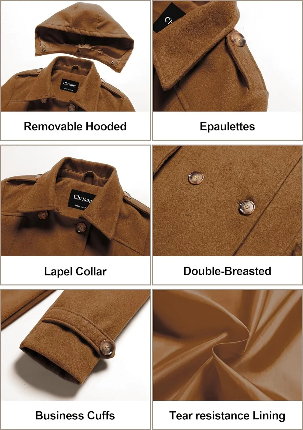 Chrisuno Women's Double Breasted Pea Coat Hooded Long Winter Trench Coat