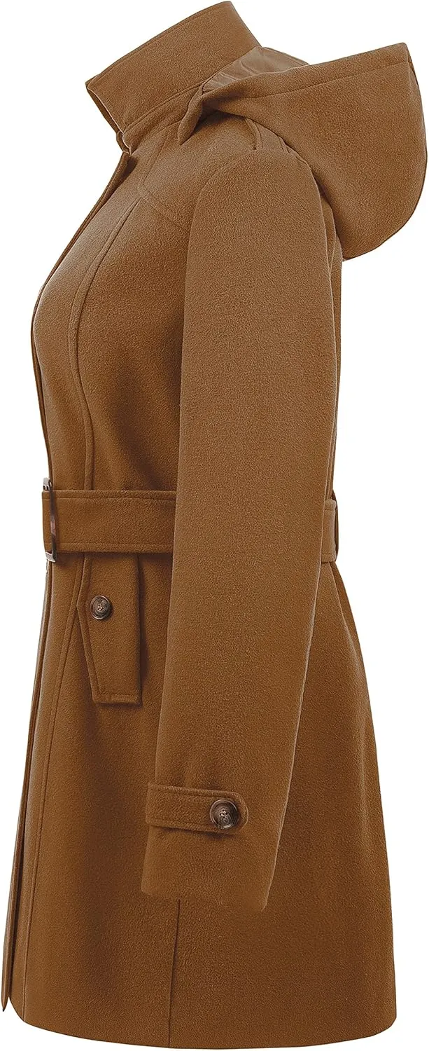 Chrisuno Women's Double Breasted Pea Coat Hooded Long Winter Trench Coat