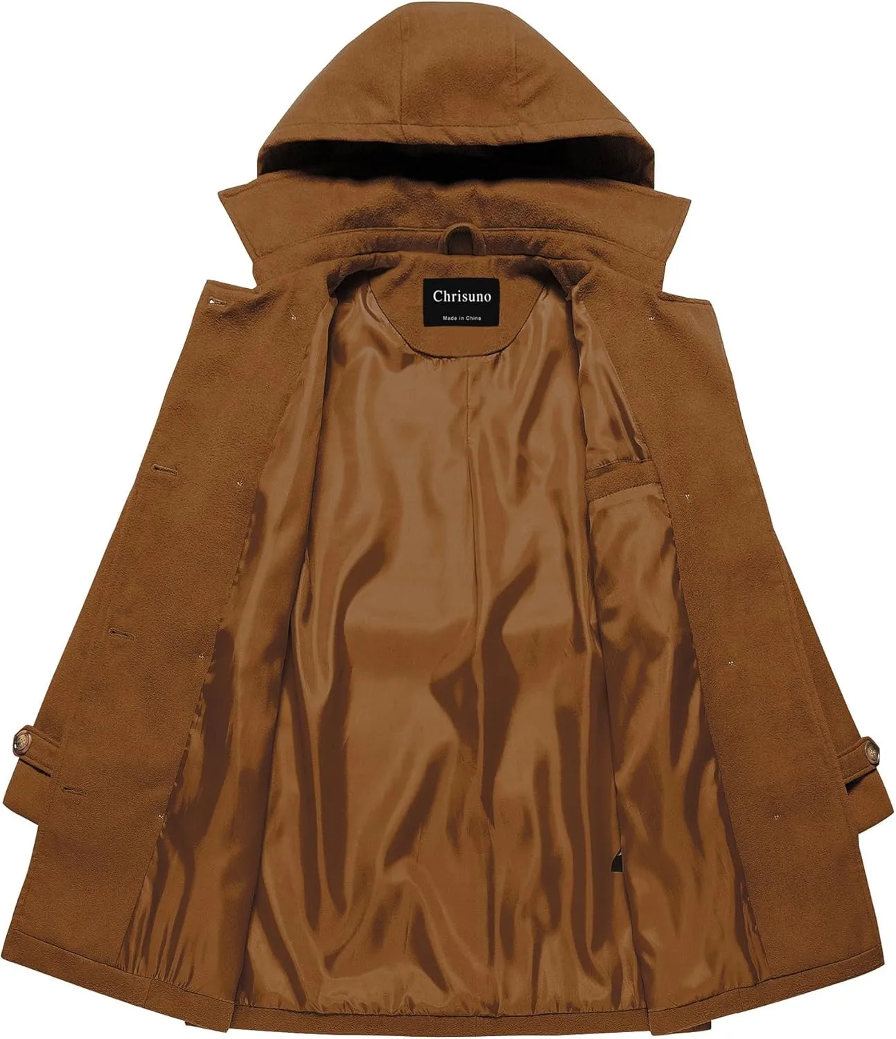 Chrisuno Women's Double Breasted Pea Coat Hooded Long Winter Trench Coat