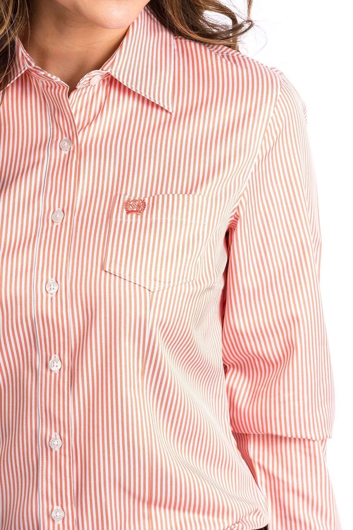 CINCH WOMENS TENCEL CORAL AND WHITE STRIPE BUTTON-UP SHIRT MSW9164089