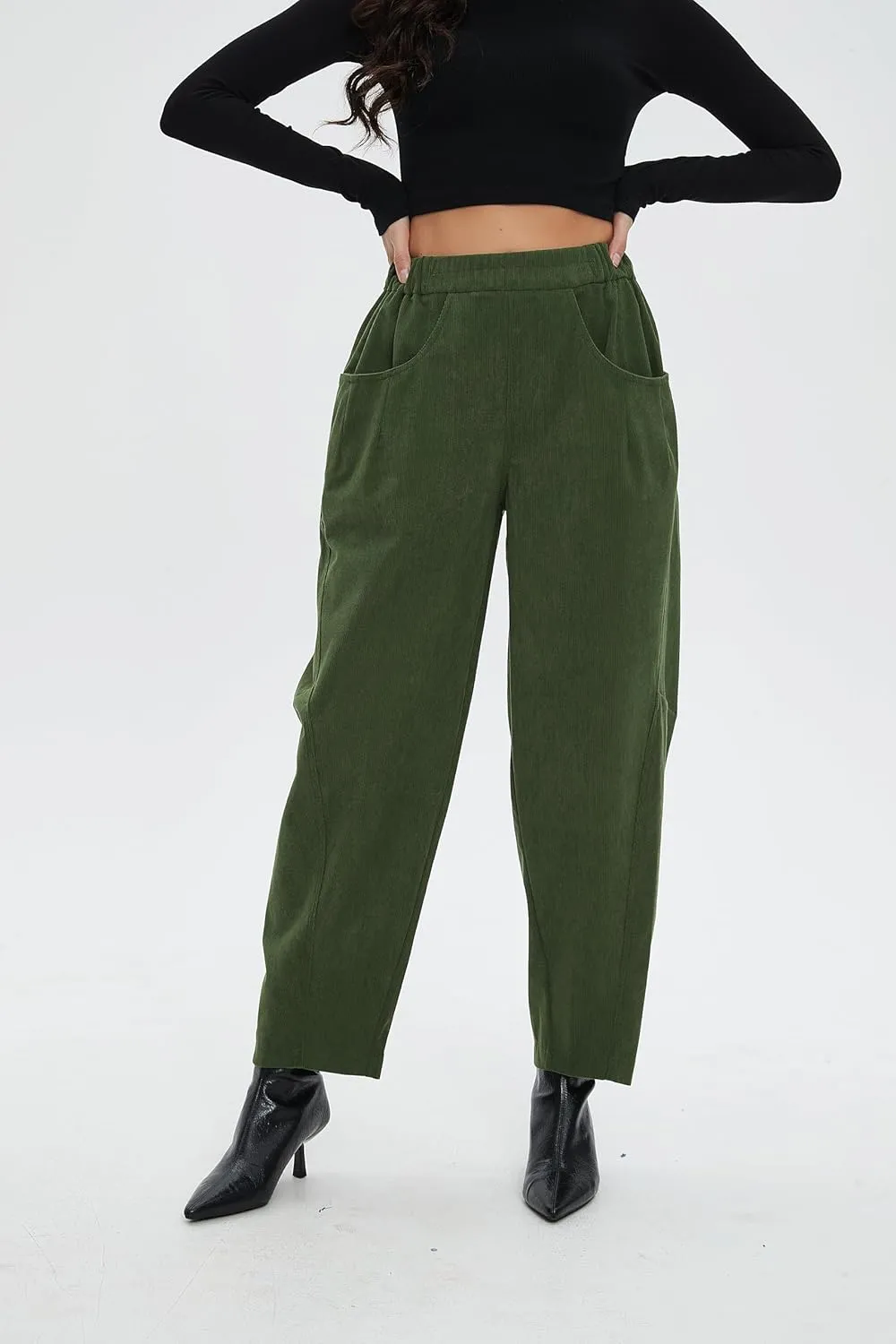 Corduroy Pants for Women Barrel Wide Leg Elastic Waist Pull-On Cord Pants Casual Baggy Trousers with Pockets