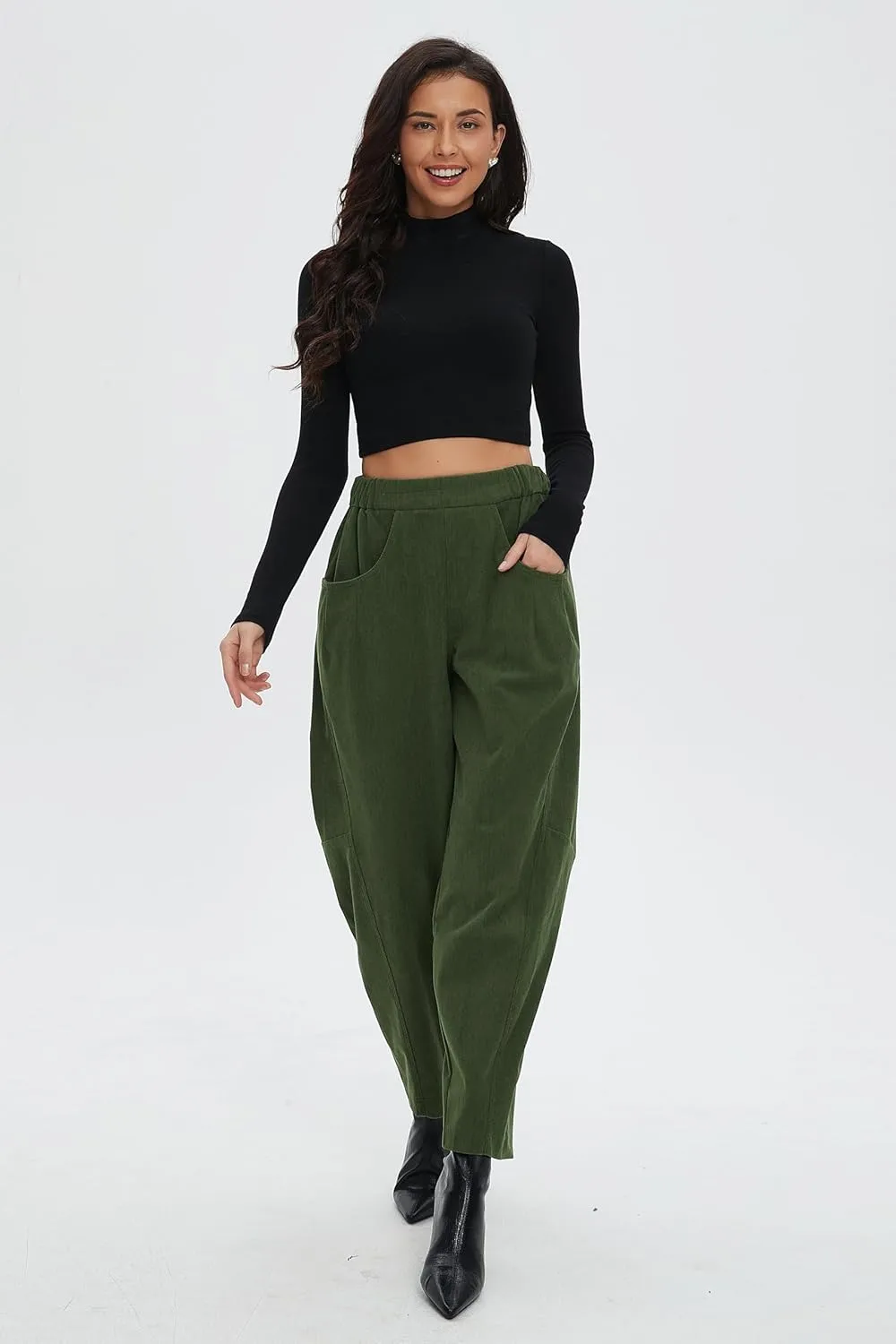 Corduroy Pants for Women Barrel Wide Leg Elastic Waist Pull-On Cord Pants Casual Baggy Trousers with Pockets