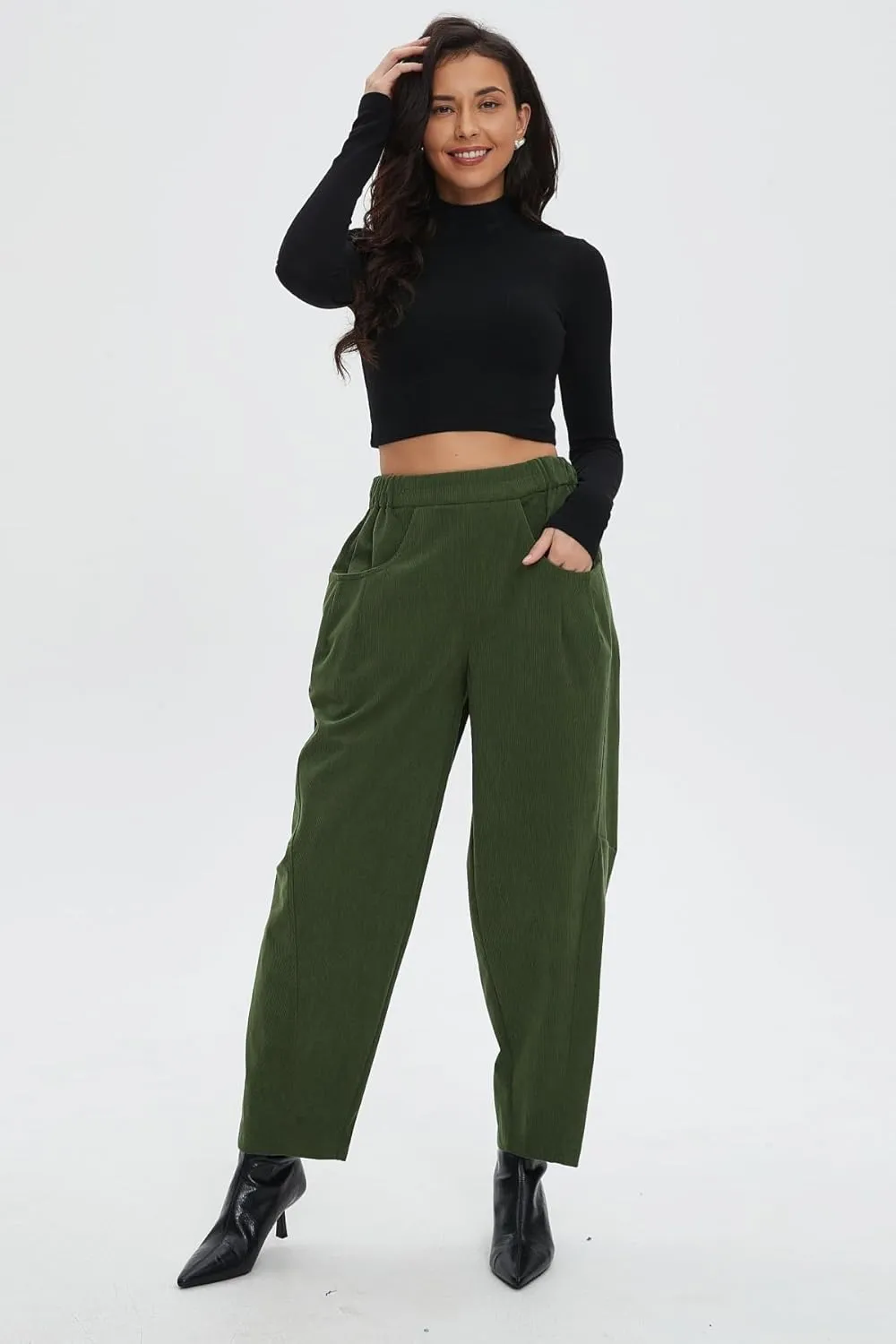 Corduroy Pants for Women Barrel Wide Leg Elastic Waist Pull-On Cord Pants Casual Baggy Trousers with Pockets