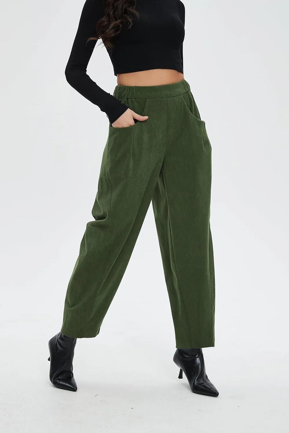 Corduroy Pants for Women Barrel Wide Leg Elastic Waist Pull-On Cord Pants Casual Baggy Trousers with Pockets