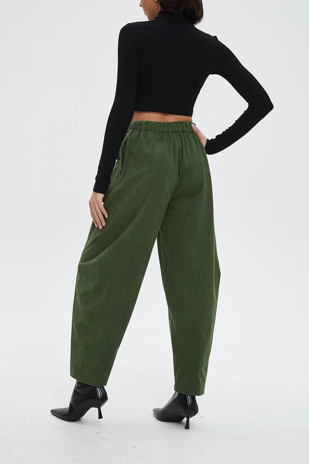 Corduroy Pants for Women Barrel Wide Leg Elastic Waist Pull-On Cord Pants Casual Baggy Trousers with Pockets