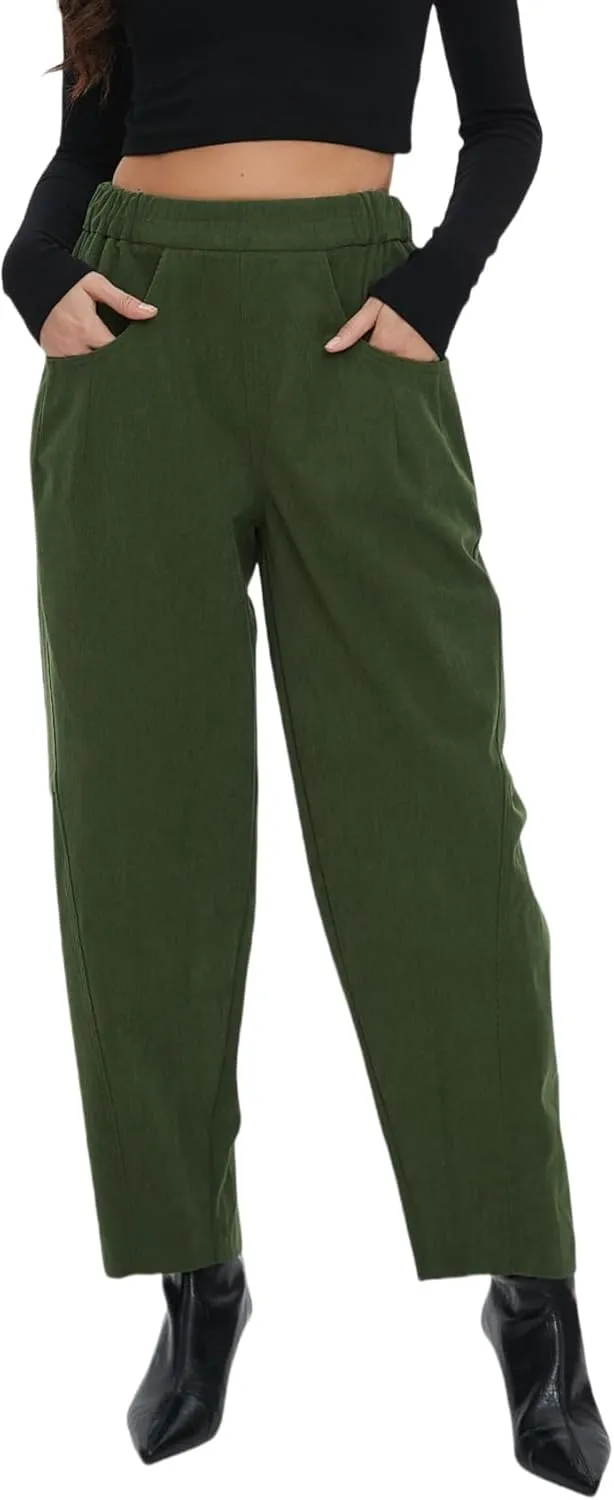 Corduroy Pants for Women Barrel Wide Leg Elastic Waist Pull-On Cord Pants Casual Baggy Trousers with Pockets