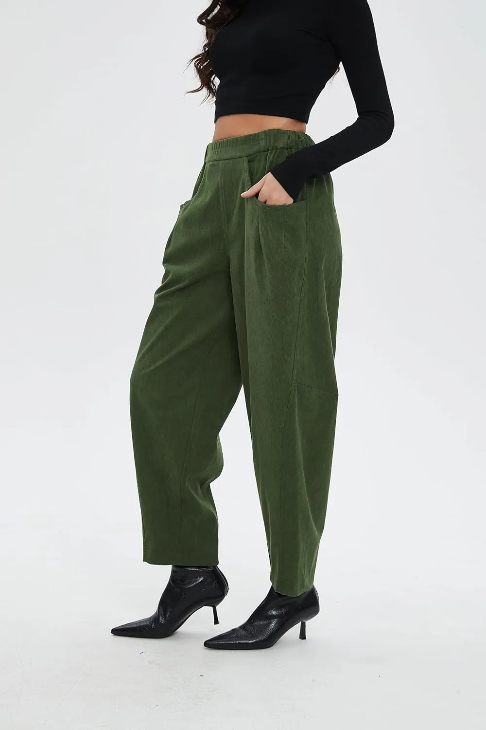 Corduroy Pants for Women Barrel Wide Leg Elastic Waist Pull-On Cord Pants Casual Baggy Trousers with Pockets