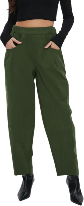 Corduroy Pants for Women Barrel Wide Leg Elastic Waist Pull-On Cord Pants Casual Baggy Trousers with Pockets