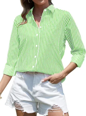 CUNLIN Grade 4 Wrinkle-Resistant Women's Button Down Shirts Striped Long Sleeve Collared Blouses Tops with Pocket