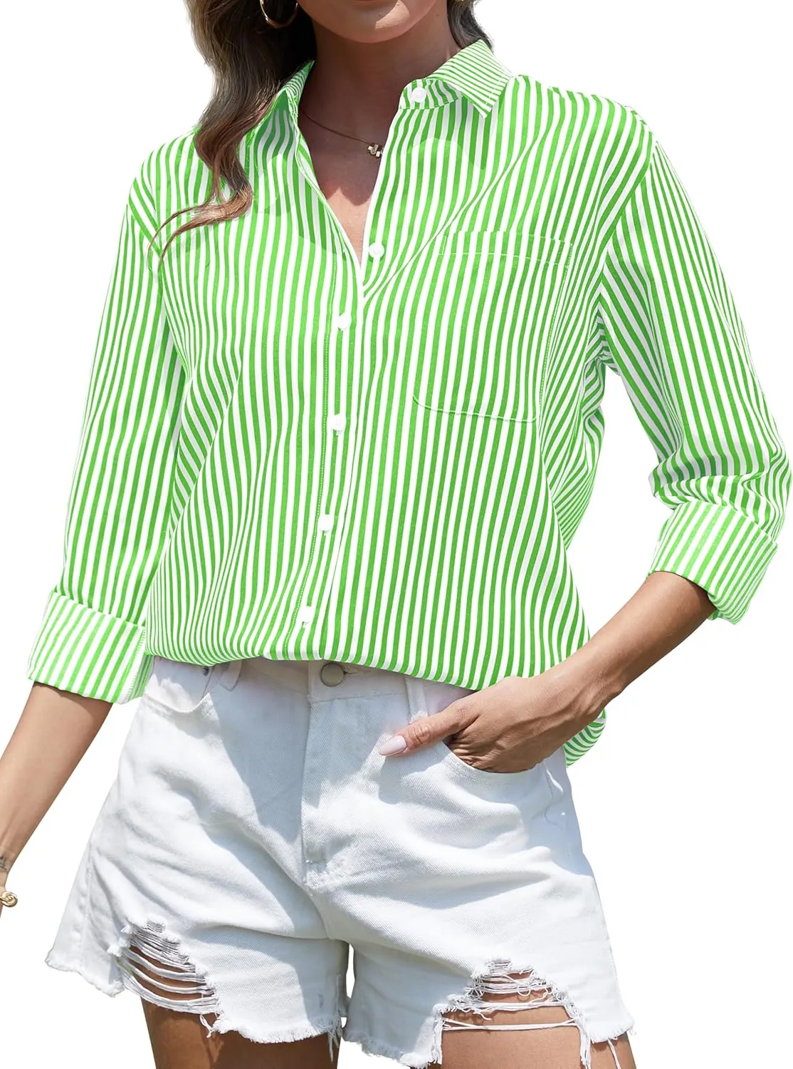CUNLIN Grade 4 Wrinkle-Resistant Women's Button Down Shirts Striped Long Sleeve Collared Blouses Tops with Pocket