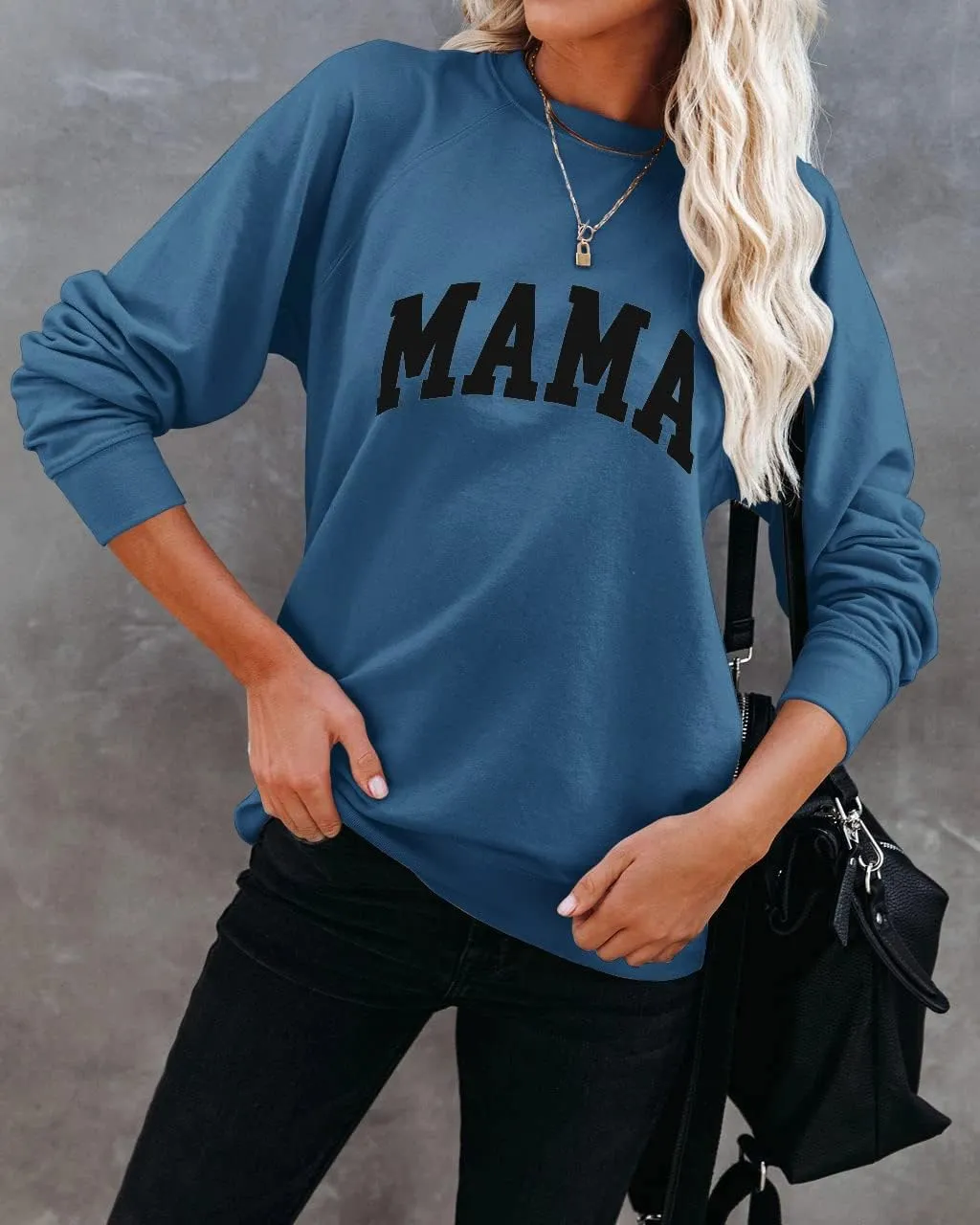 Dressmine Womens Casual Long Sleeve Mama Sweatshirts Knit Loose Graphic Crewneck Pullover Mom Shirt Tops