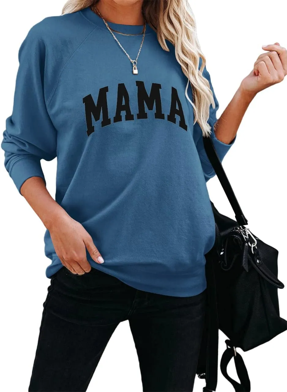 Dressmine Womens Casual Long Sleeve Mama Sweatshirts Knit Loose Graphic Crewneck Pullover Mom Shirt Tops
