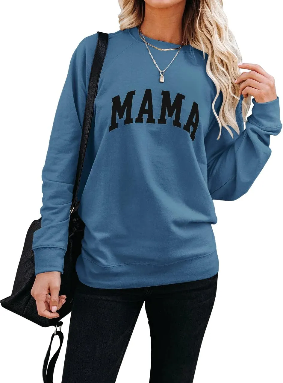 Dressmine Womens Casual Long Sleeve Mama Sweatshirts Knit Loose Graphic Crewneck Pullover Mom Shirt Tops