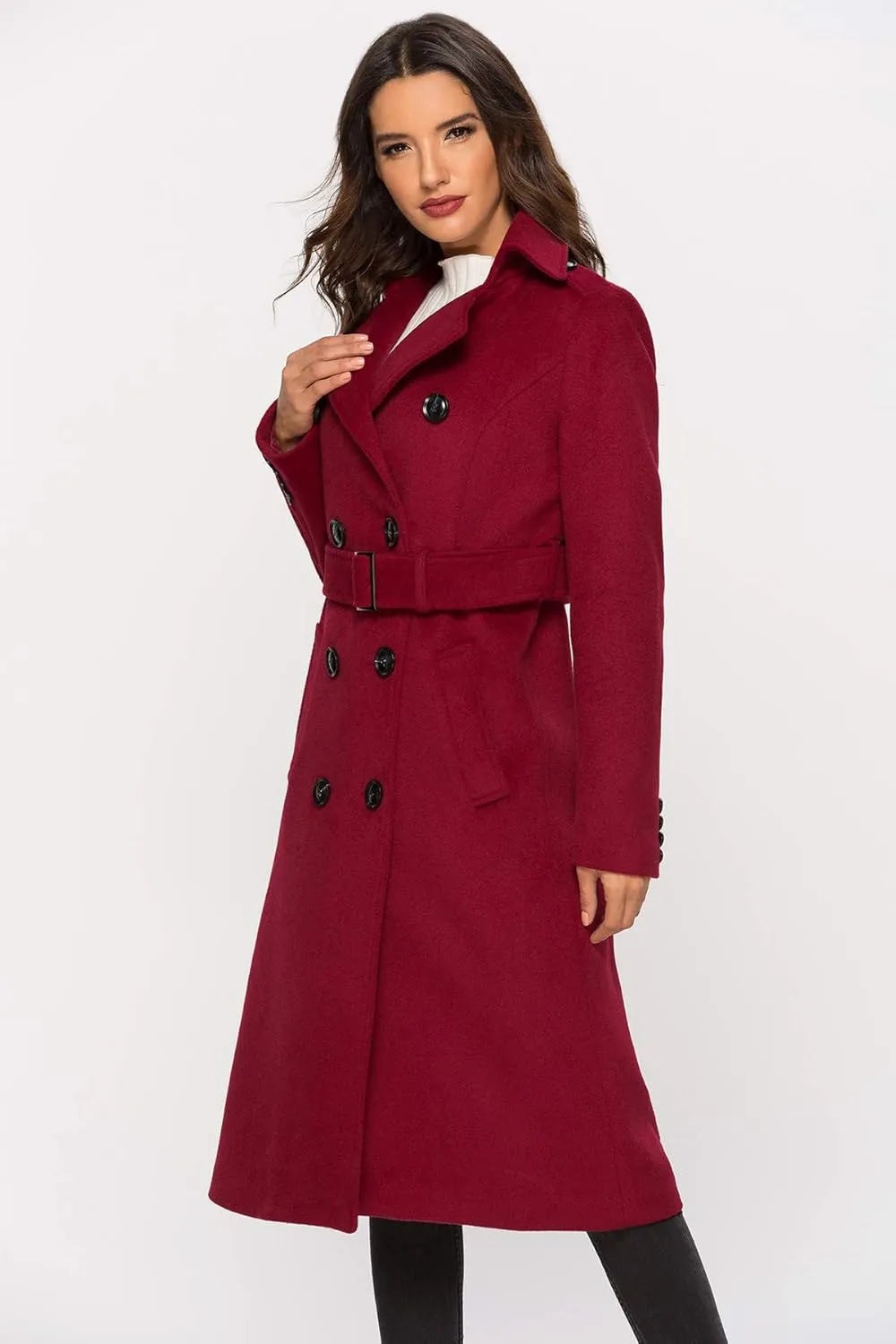 Escalier Womens Wool Coat Double Breasted Pea Coat Winter Long Trench Coat with Belt