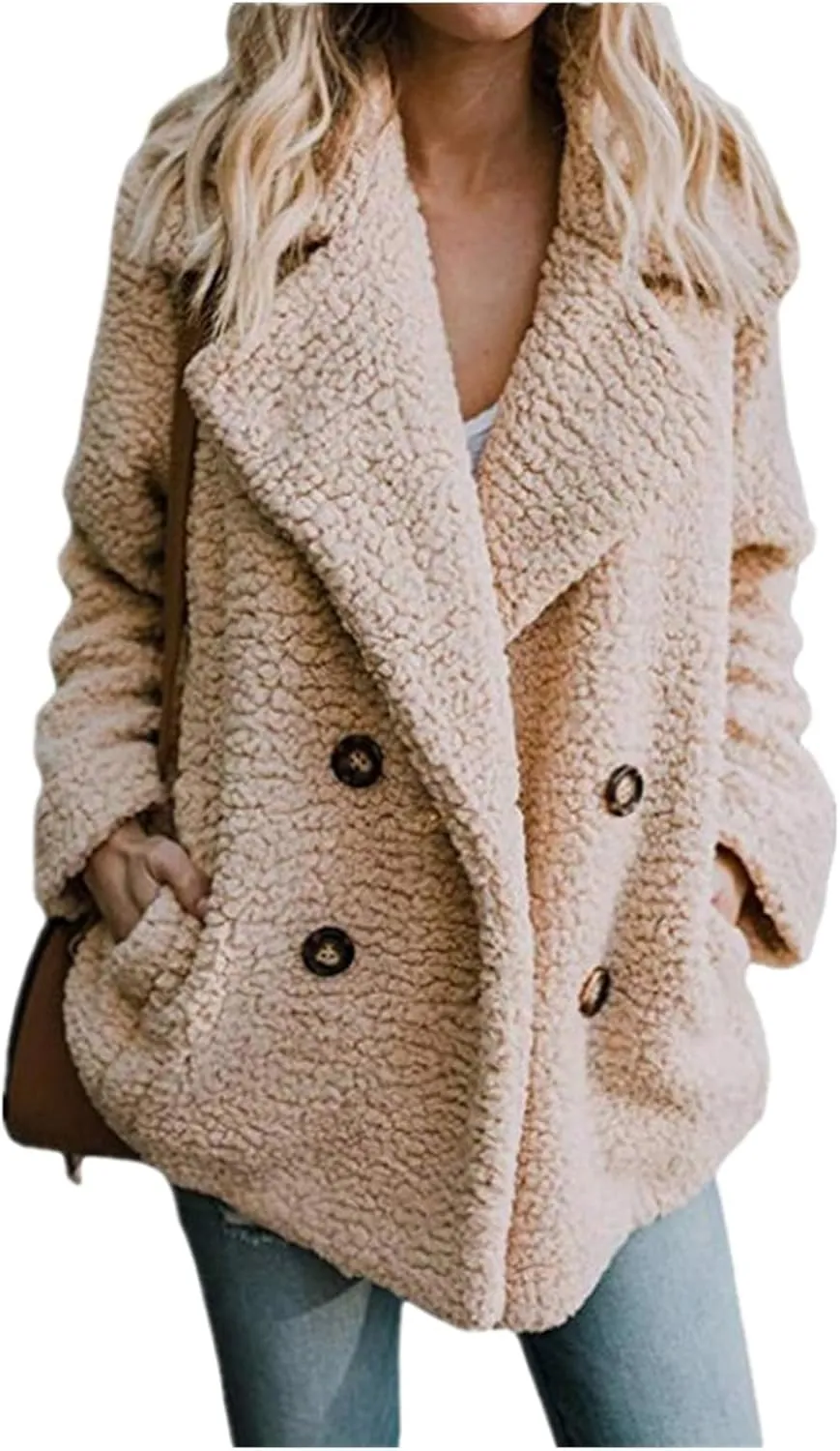 Fuzzy Fleece Jacket Women 2024 Winter Teddy Bear Sherpa Coats Warm Lapel Button Down Cardigan Faux Fur Outwear Pockets
