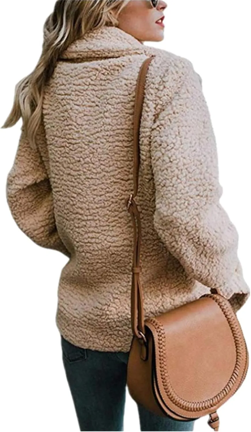 Fuzzy Fleece Jacket Women 2024 Winter Teddy Bear Sherpa Coats Warm Lapel Button Down Cardigan Faux Fur Outwear Pockets