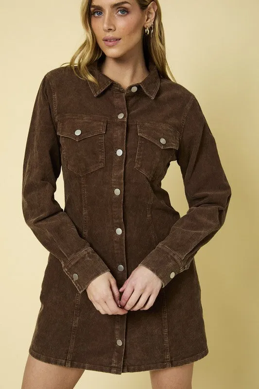 GALADRIEL LONG SLEEVE CORDUROY UTILITY DRESS