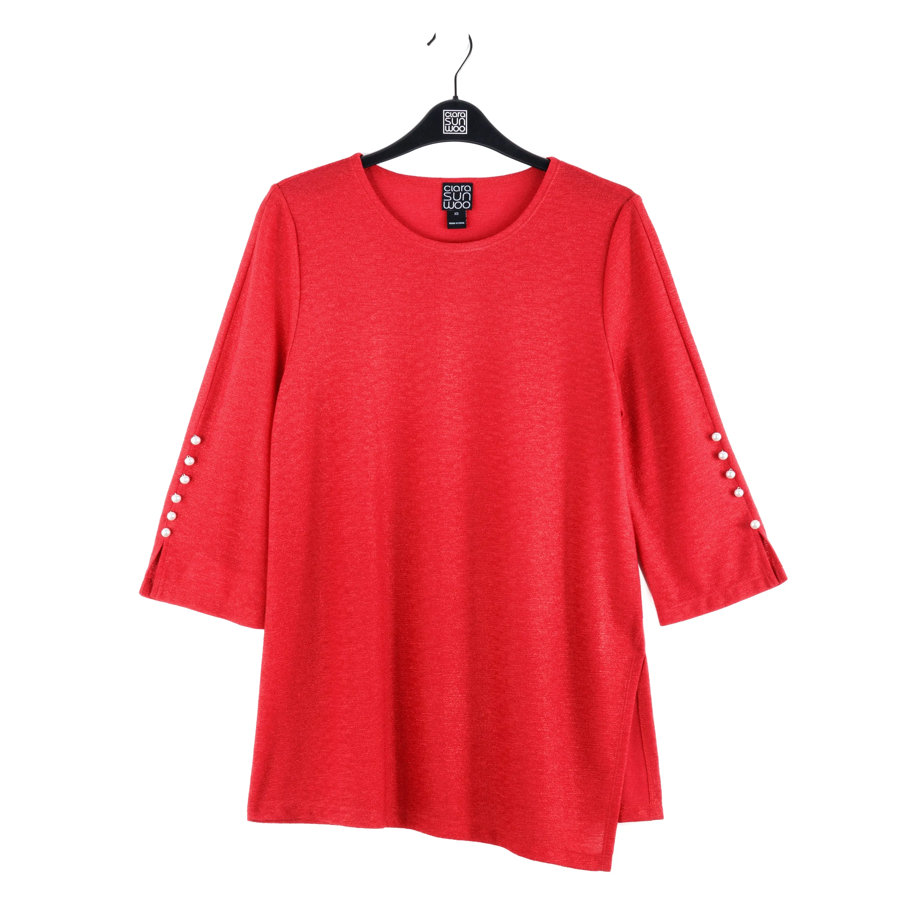 Glimmer Speck - Pearl Cuff Asymmetrical Reverse Hi-Low Tunic - Red