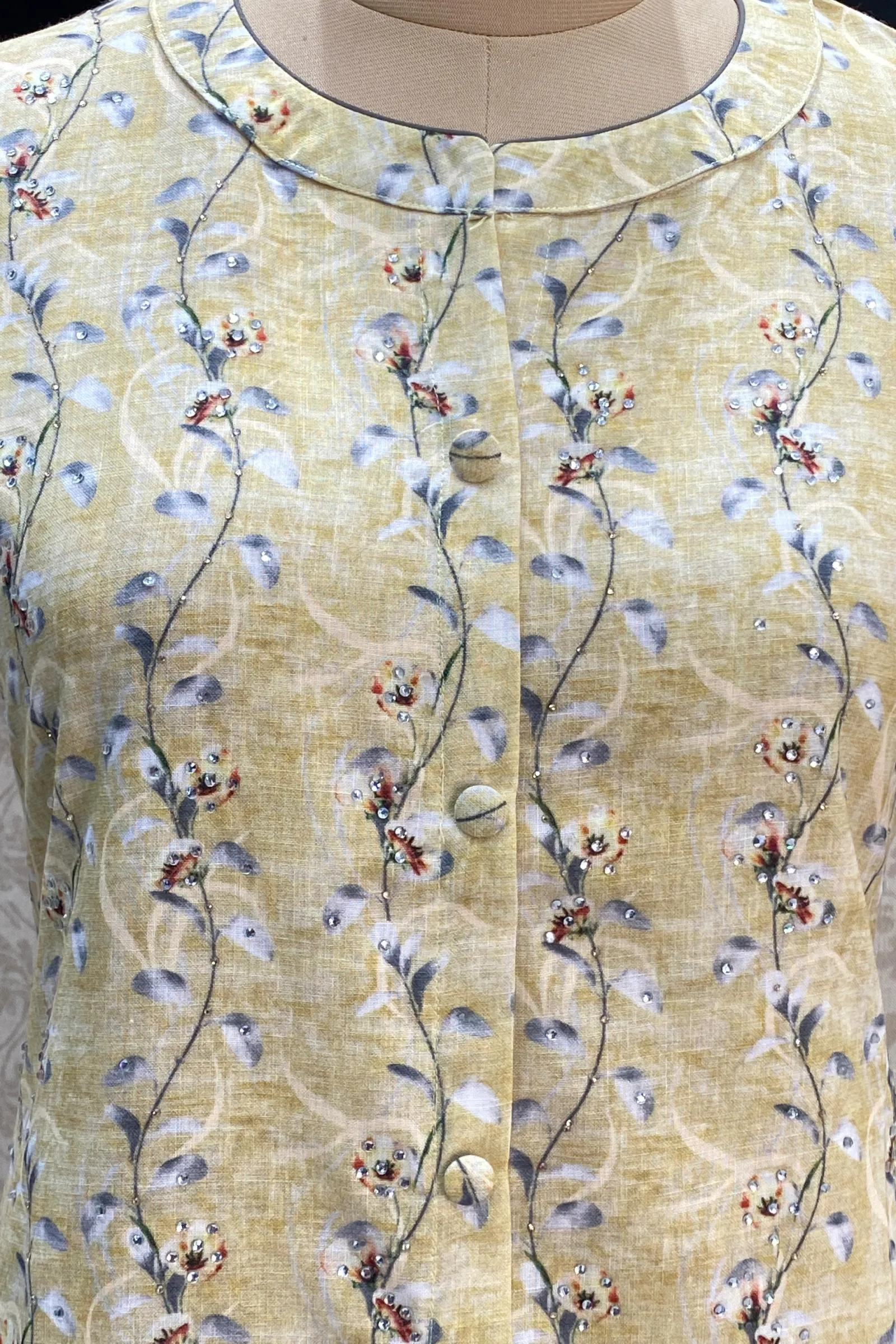 Green Lenin Cotton Stone and Print work Calf Length Kurti